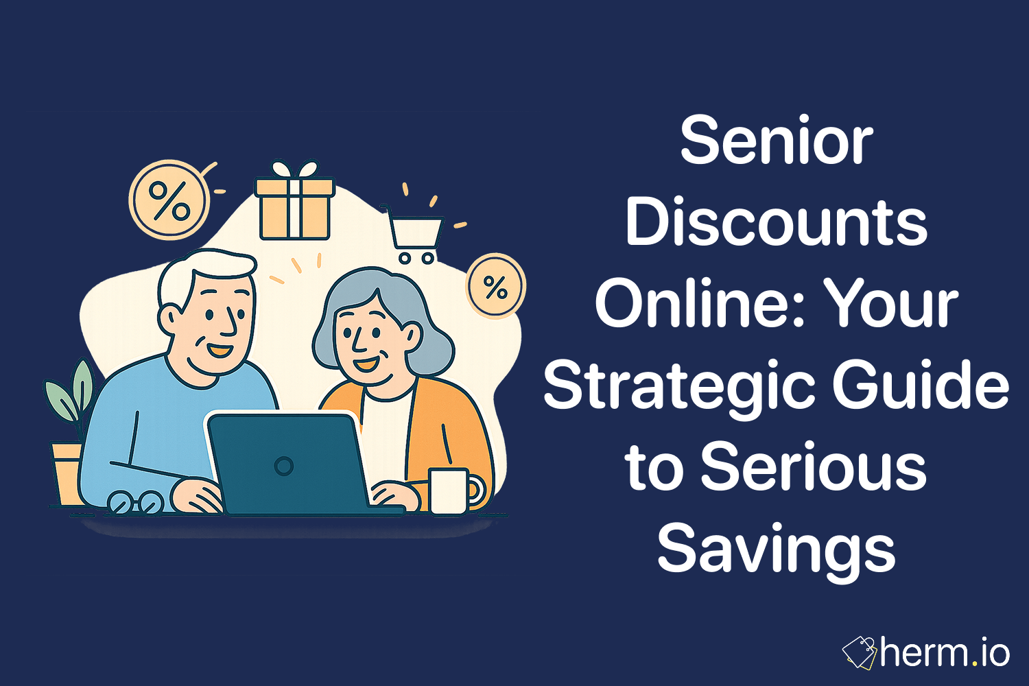 Older couple using a laptop with discount icons, showing how to find senior discounts online for serious savings.