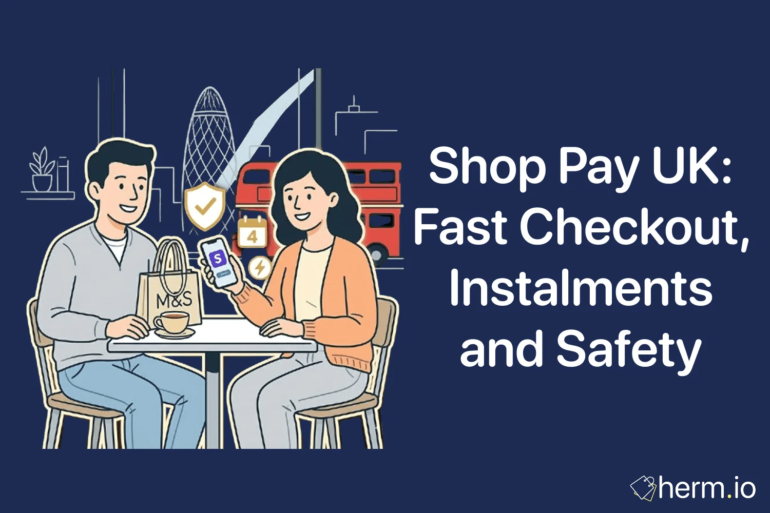 Phone checkout screen showing the purple Shop Pay button beside a bank card and security padlock, illustrating safer UK online payments and instalments.