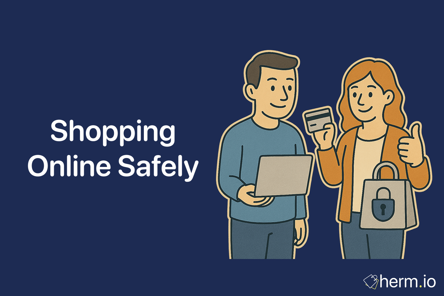 Illustration of a man with a laptop and a woman holding a credit card and padlock-branded shopping bag, symbolizing secure online shopping and data protection.
