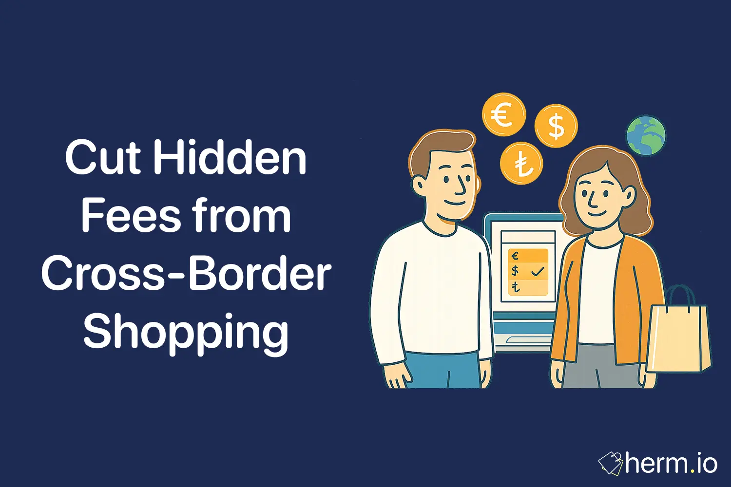 Digital illustration of shoppers with currency icons, showing how smart currency choices reduce hidden fees in cross-border online shopping.