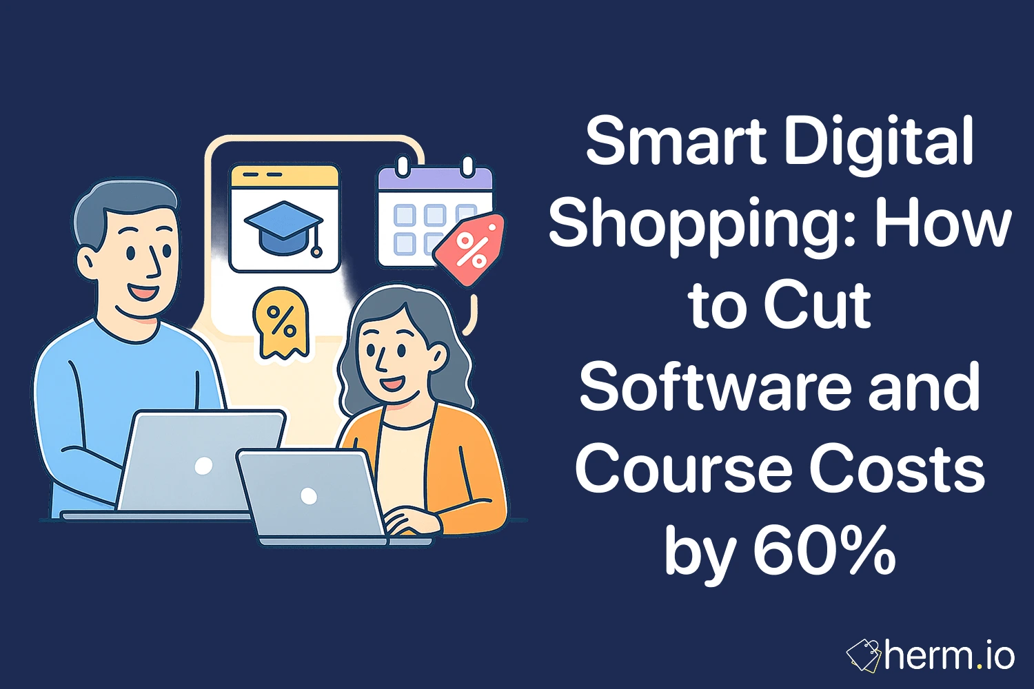 Two people using laptops with icons of graduation cap, calendar, and discount tag representing online savings on software and courses.