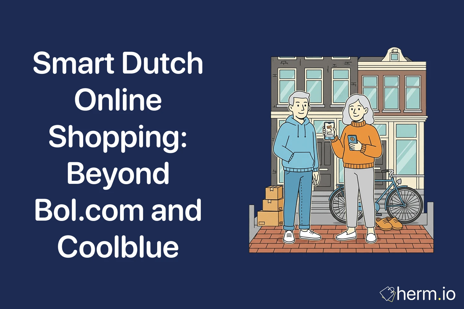 Two shoppers in the Netherlands using phones for online shopping outside a canal house, with parcels and a bicycle nearby.