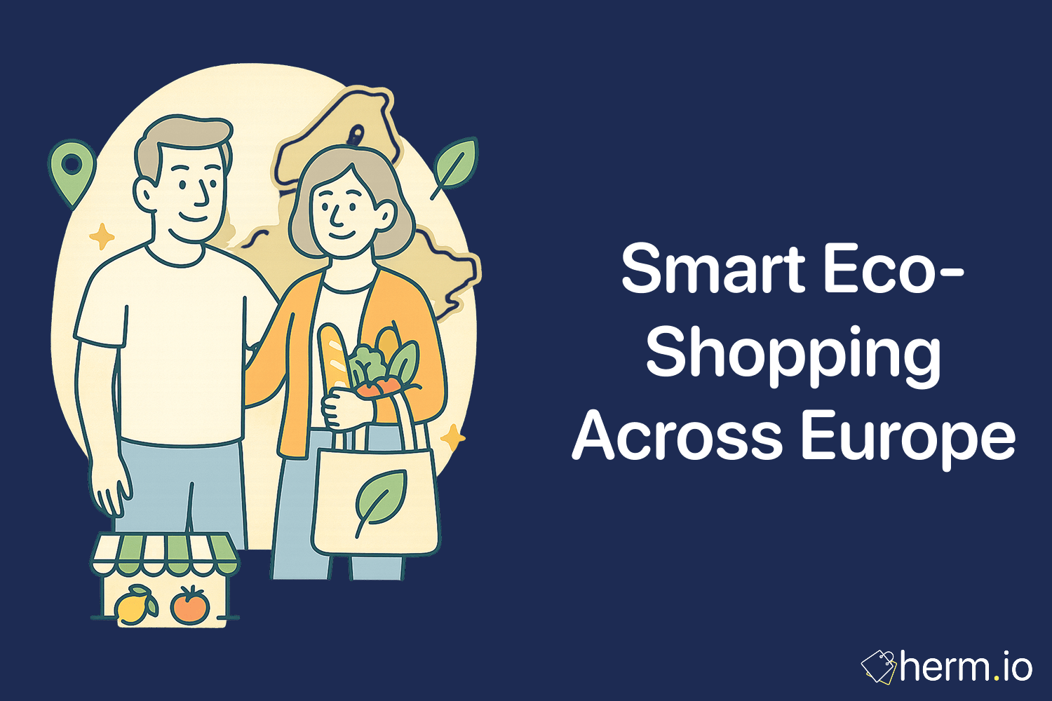 Cartoon couple with reusable grocery bag and map of Europe, representing eco-friendly shopping across Europe.