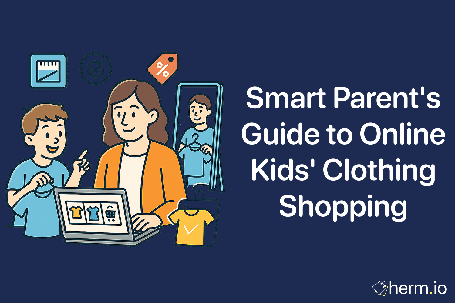 Parent and child shopping for kids’ clothes online with icons of shirts, size chart, and discount tags