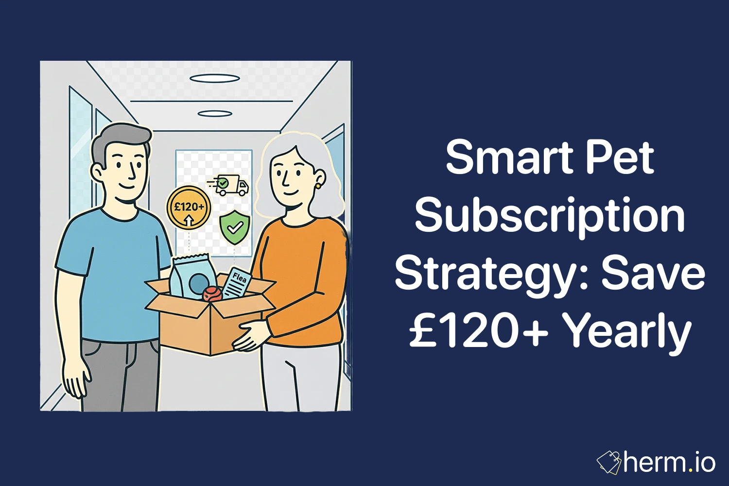 Flat illustration of pet owners opening a subscription box and saving £120+ a year with delivery and secure payment icons.
