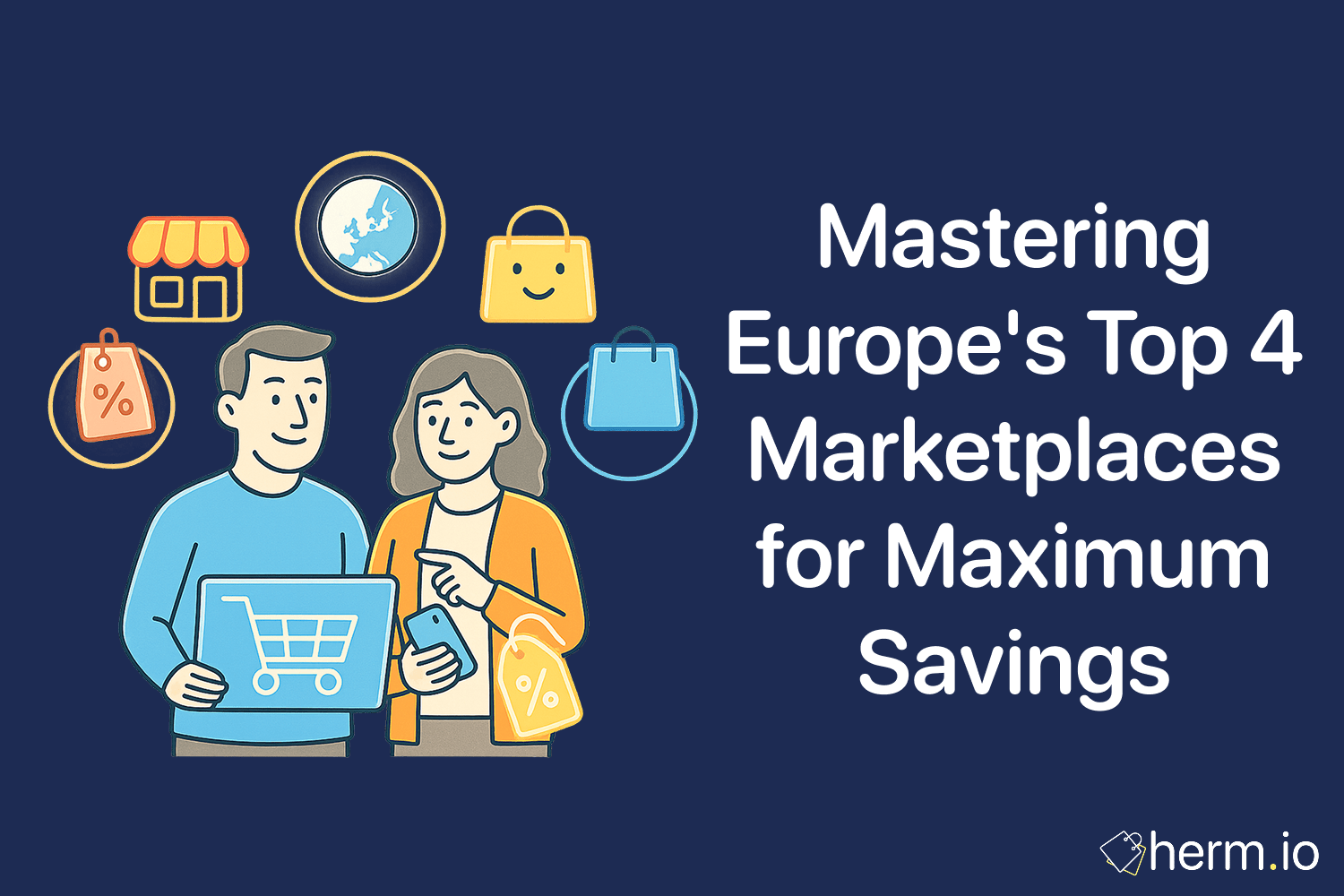 Shoppers with laptop and phone surrounded by shopping icons, representing how to master Europe’s top four marketplaces for maximum savings.