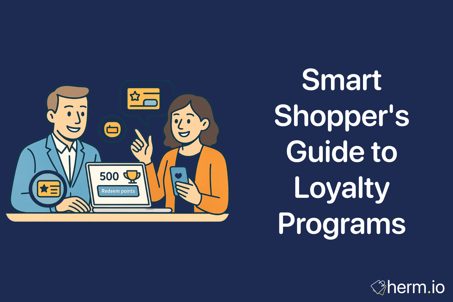 Shoppers redeeming reward points from a loyalty program using a mobile app and laptop