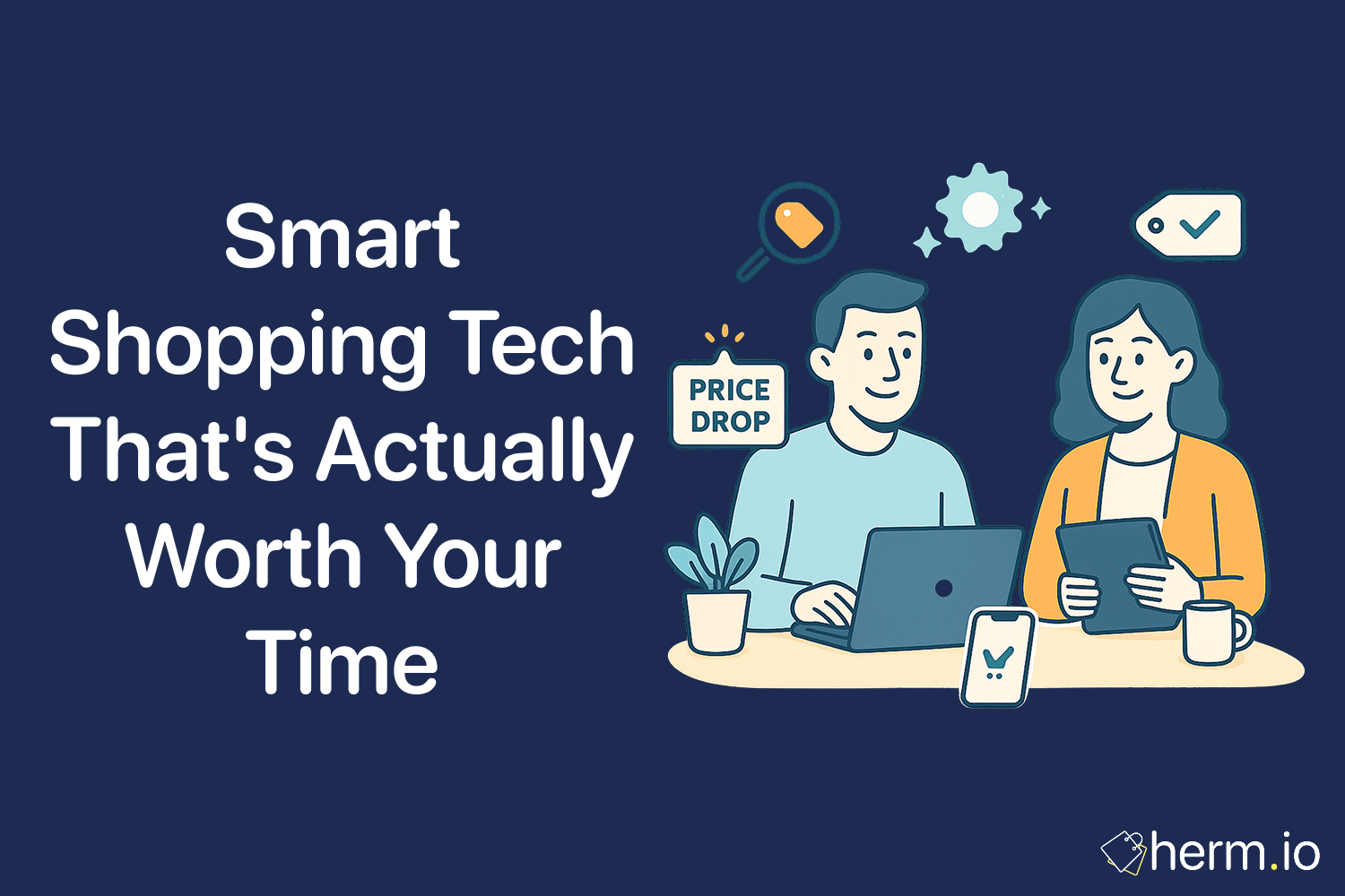 Illustration of a couple using smart shopping technology on laptops and tablets, with price drop and verified deal icons for saving money online.