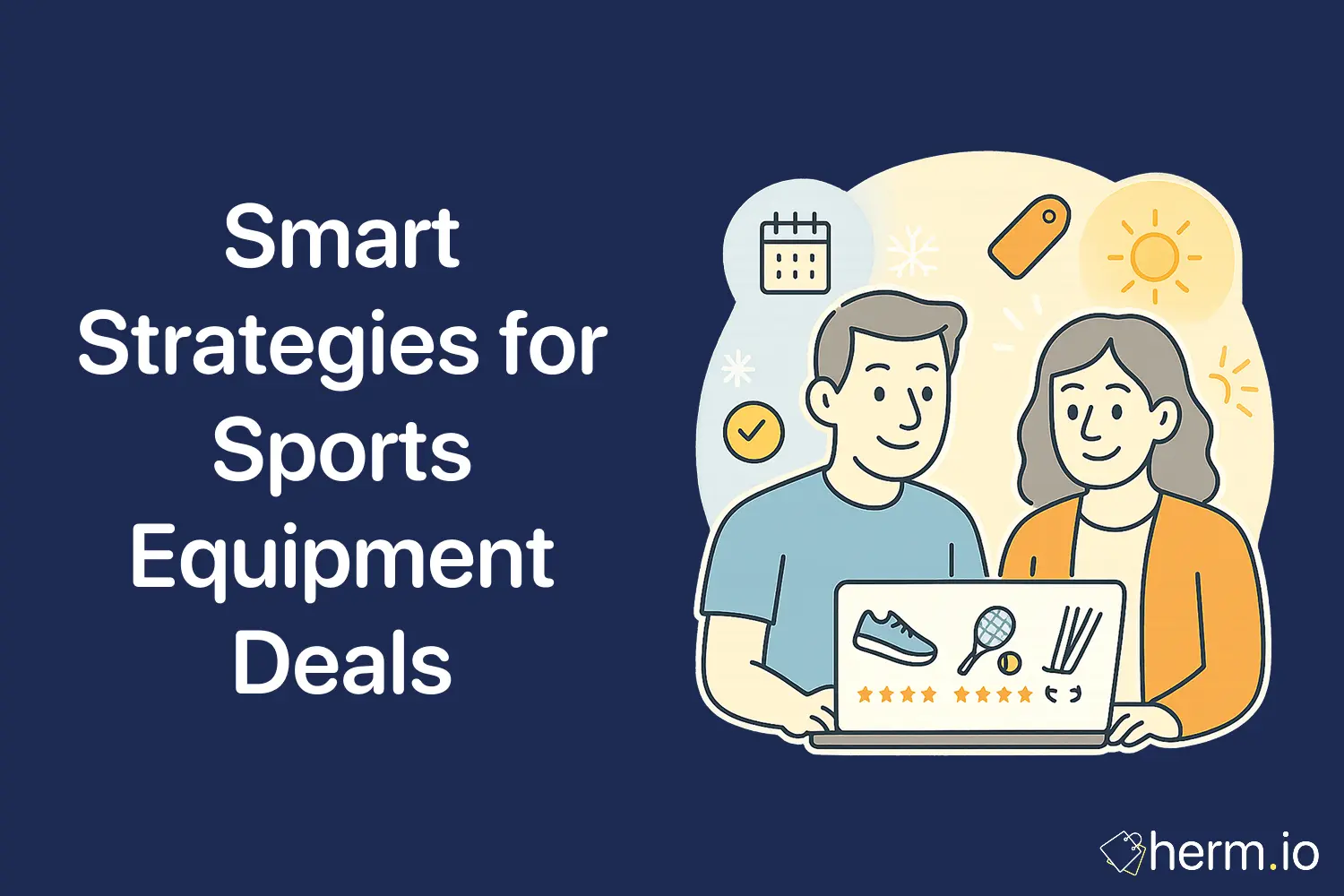 Illustration of two people looking at a laptop with icons of sports gear and seasonal discounts, representing smart strategies for finding sports equipment deals online.