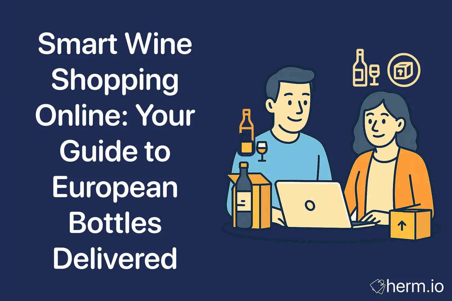 Illustration of a couple ordering wine bottles online with laptop, glasses, and boxes, showing European wine delivery and online savings.