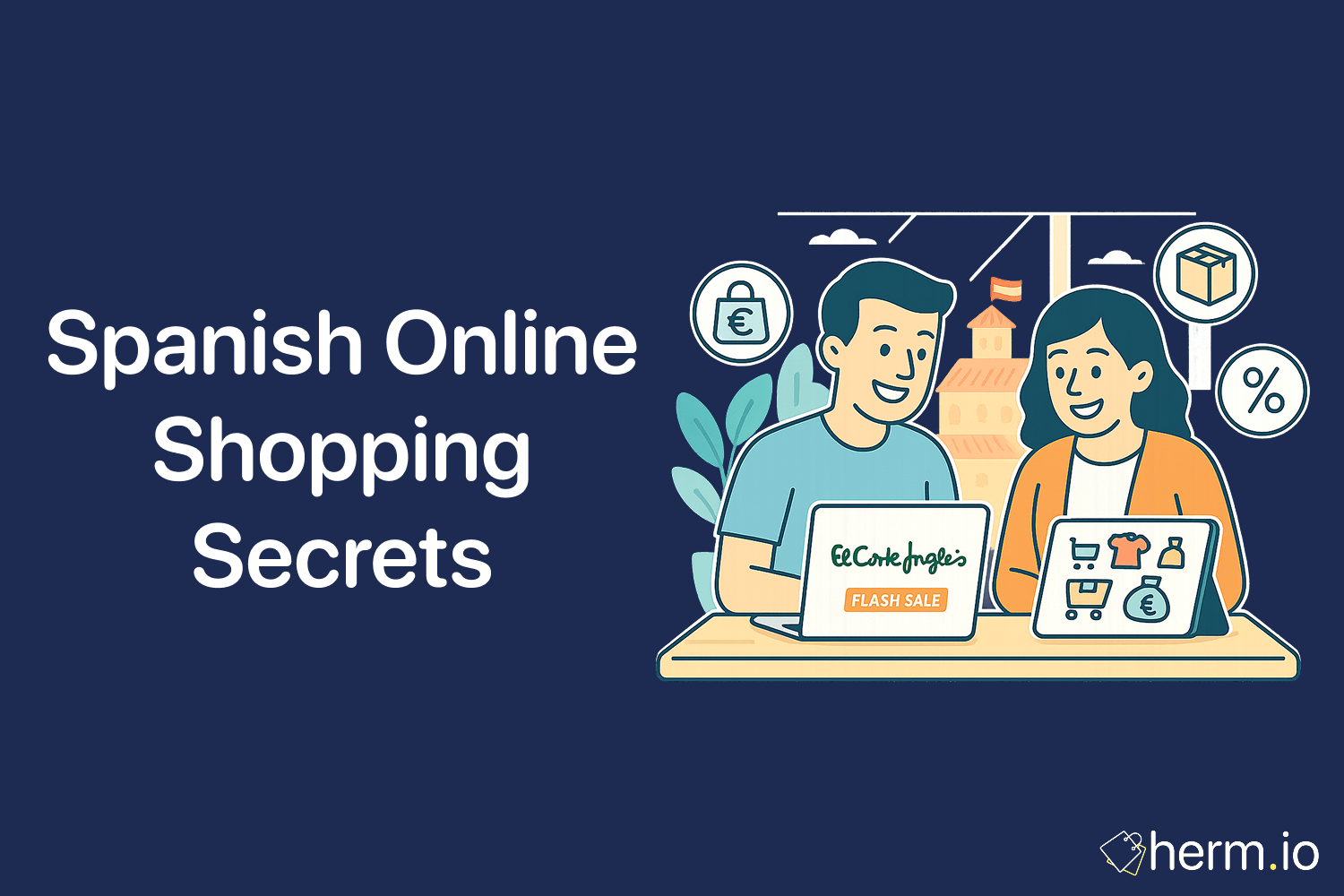 Illustration of shoppers browsing El Corte Inglés flash sale deals on laptops, with euro and discount icons, representing Spanish online shopping strategies.