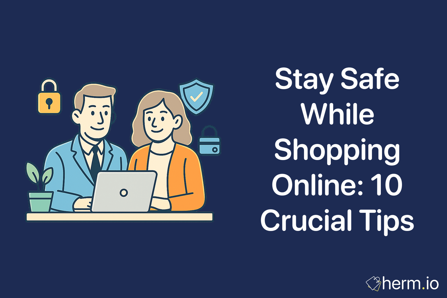 Man and woman at a laptop surrounded by lock and shield icons, representing online shopping security tips.