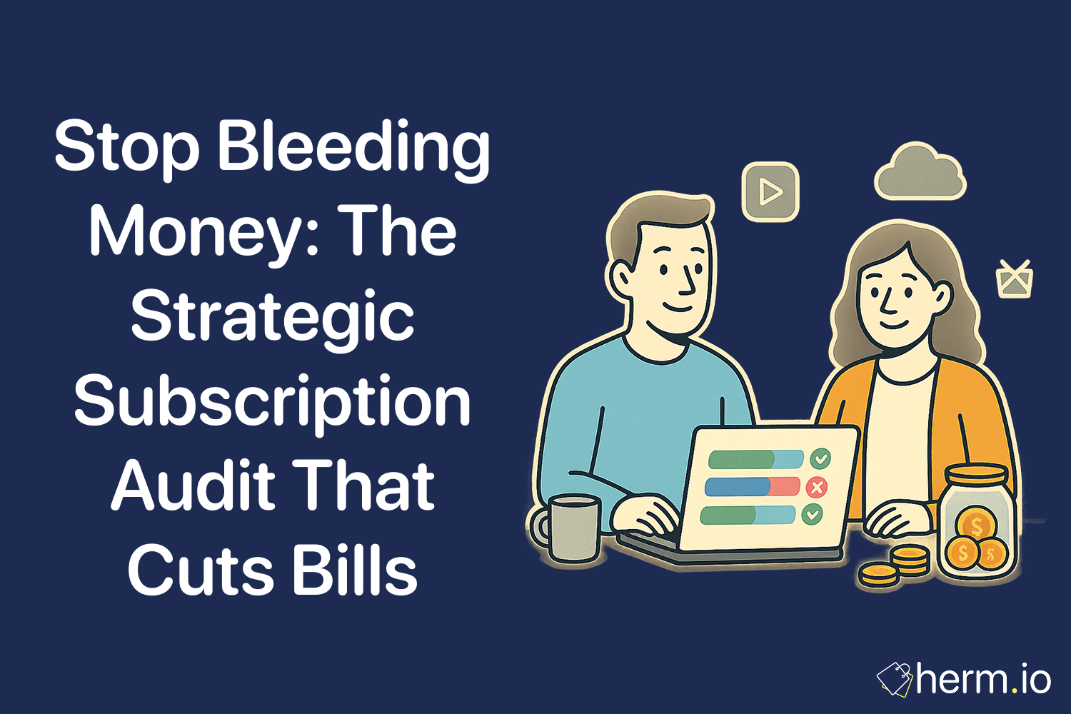 Illustration of two people reviewing subscription services on a laptop with coins and savings jar, showing how to reduce recurring expenses.