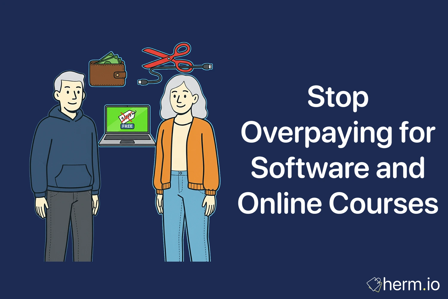 Illustration about saving on software and online courses, with a wallet, laptop showing a price tag, and scissors cutting a cable.