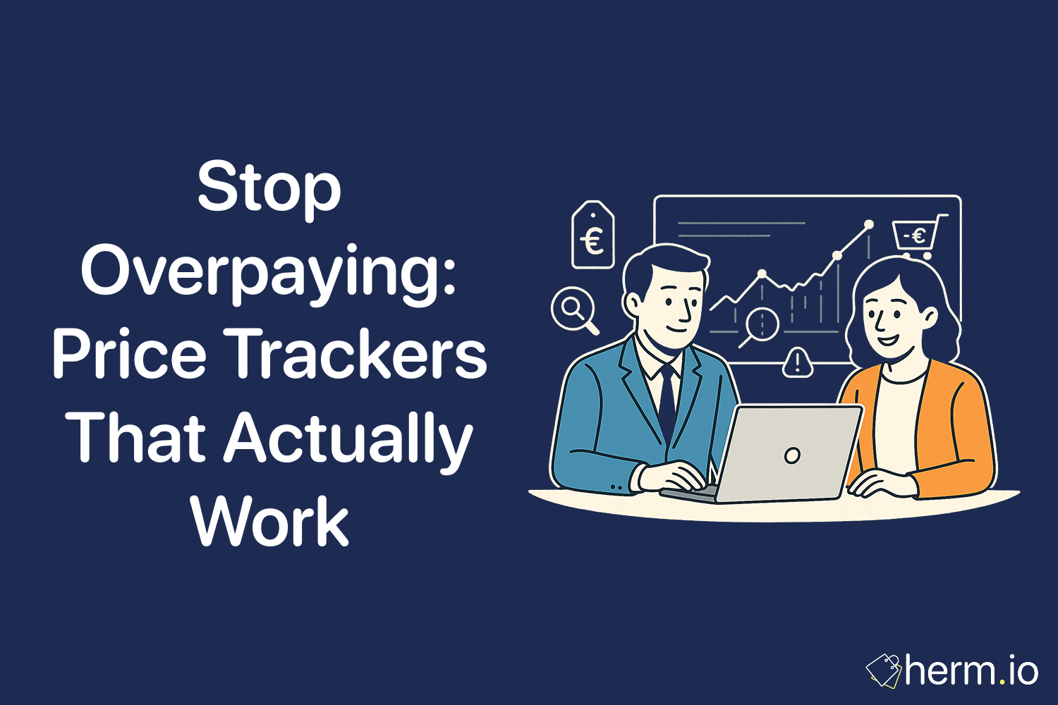 Illustration of two shoppers using a laptop to monitor prices with a price tracker and euro tag icons