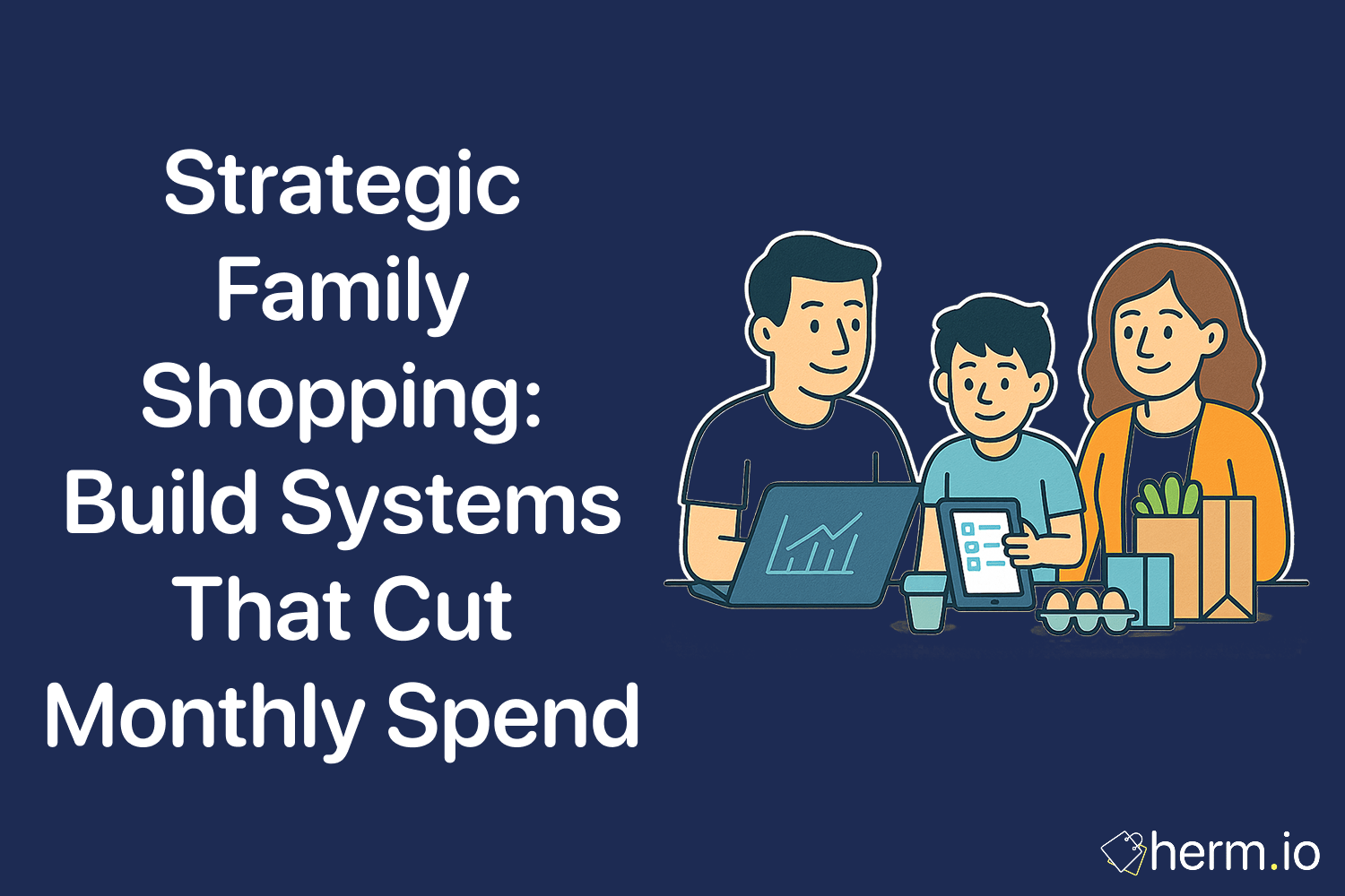 Family shopping illustration with parents and child using laptop and tablet to plan grocery savings, showing strategic ways to cut monthly spend.