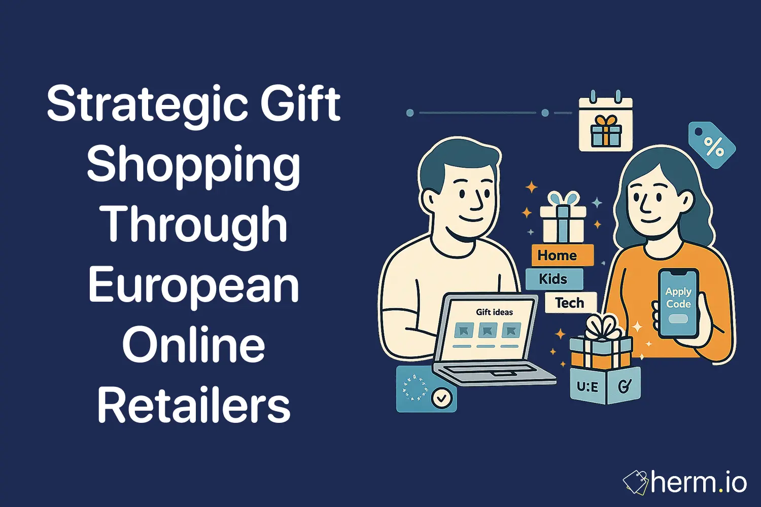 Couple planning gifts on a laptop and promo-code phone, surrounded by calendar, gift boxes and category tags (Home, Kids, Tech) for strategic shopping on EU retailers.