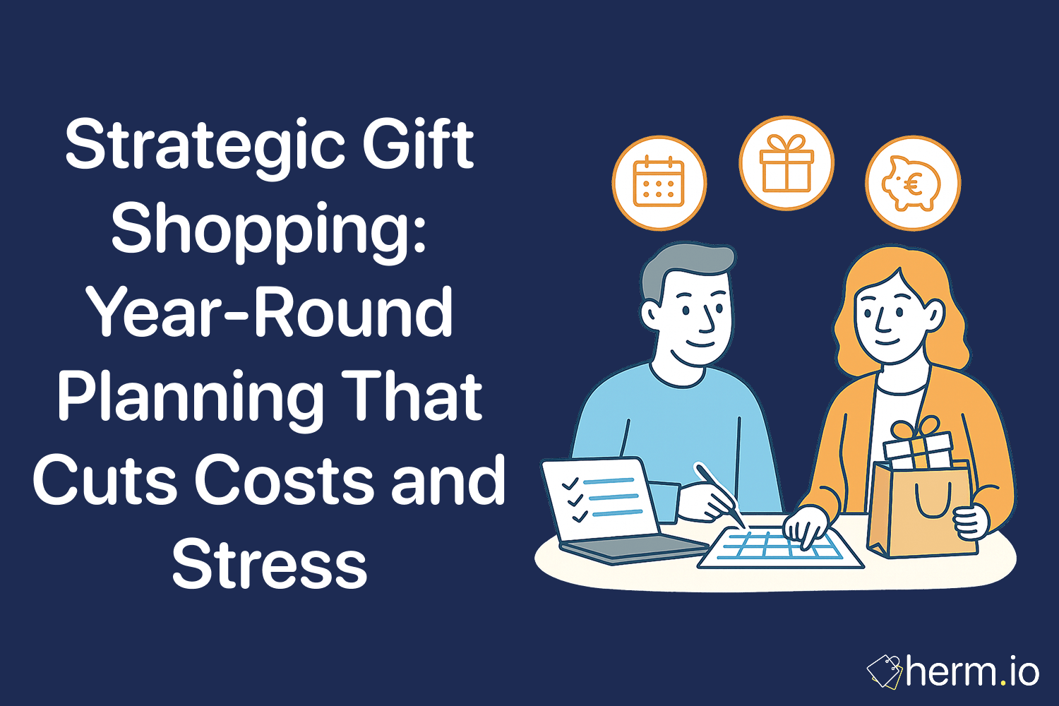 Couple planning gift shopping with calendar and laptop, symbolizing year-round strategies to reduce gift costs and stress.