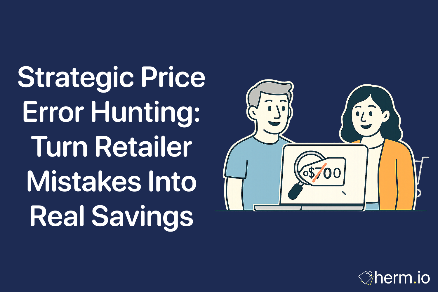 Man and woman looking at a laptop showing a discounted price tag, representing price error hunting for savings from retailer mistakes.