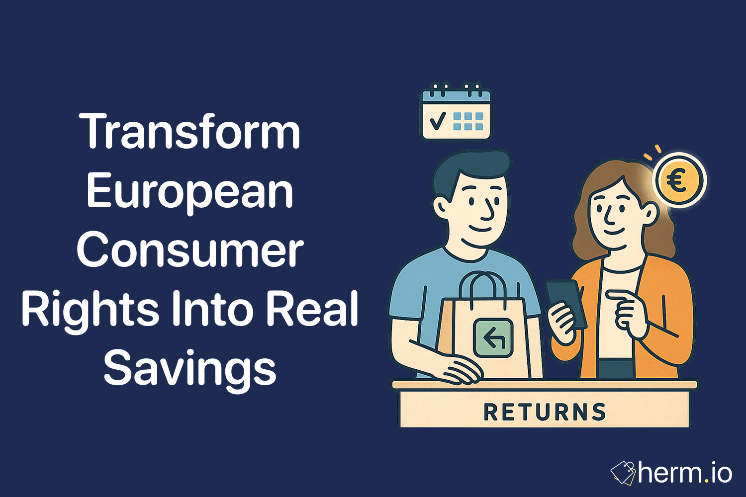 Illustration of shoppers making returns with a euro sign, highlighting how European consumer rights can be turned into real savings.