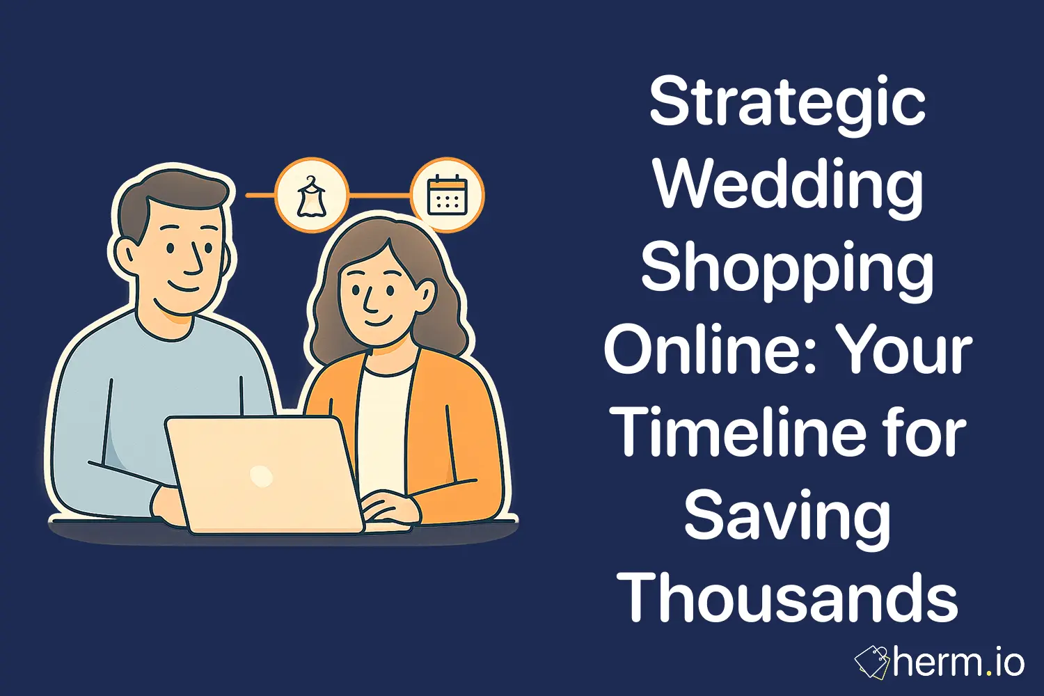 Illustration of a couple planning wedding shopping online with icons of a dress and calendar, emphasizing money-saving wedding strategies.