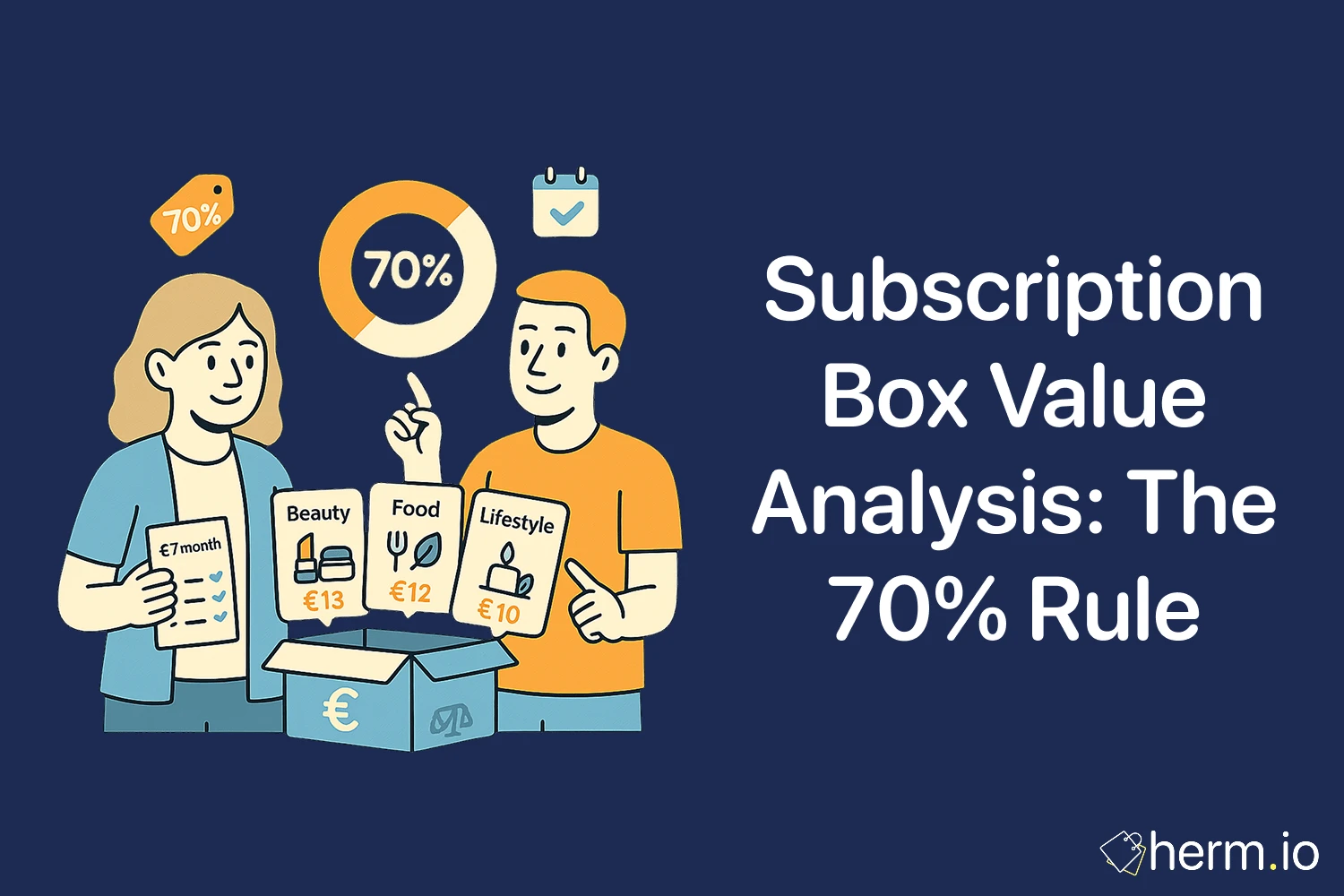 Two shoppers compare beauty, food, lifestyle box prices with a 70% value ring—how to assess subscription box value in Europe.