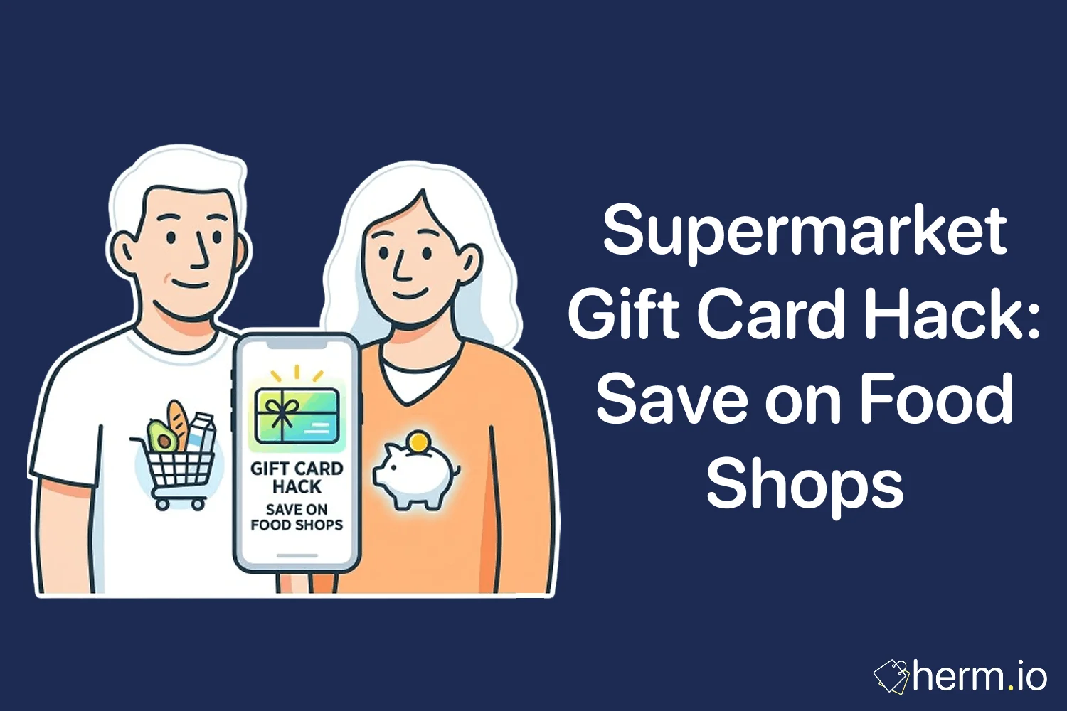 Smartphone showing a supermarket gift card barcode beside UK grocery bags, illustrating cashback savings at Tesco, Asda, Sainsbury’s and M&S.