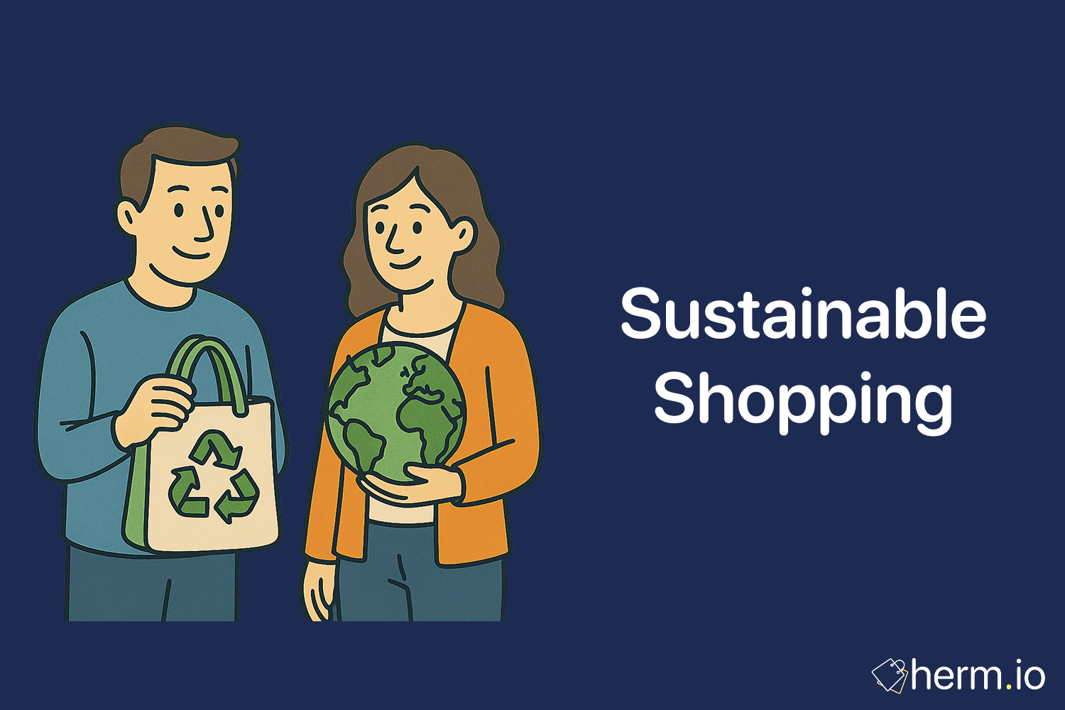 Illustration of a man holding a reusable tote with a recycling symbol and a woman holding a globe, representing sustainable shopping and eco-friendly consumer hacks.