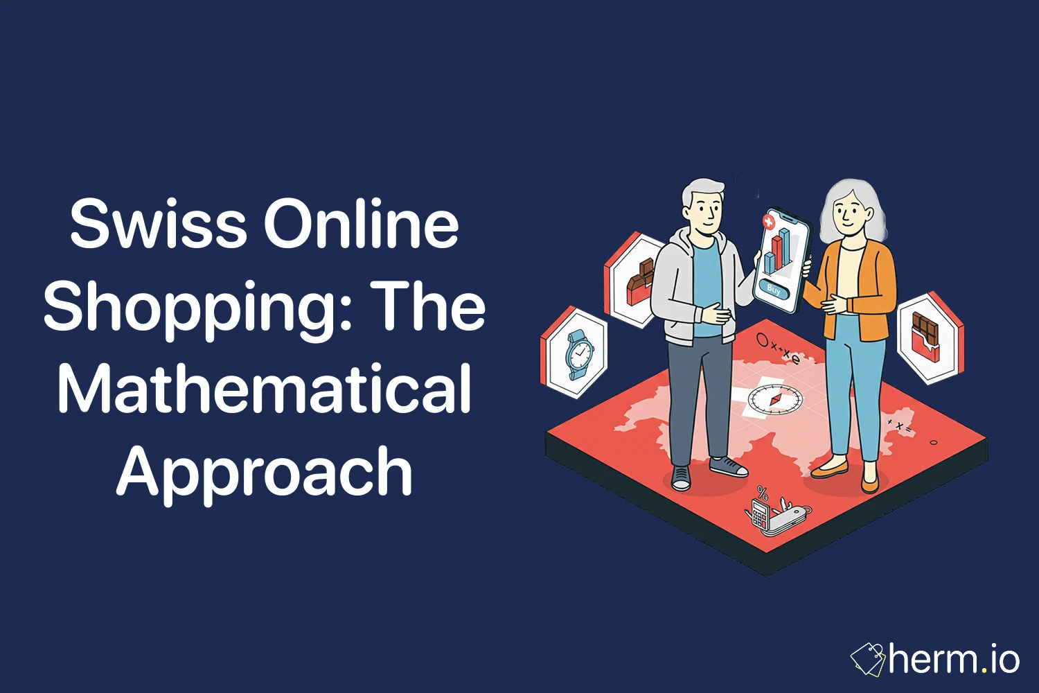 Flat illustration of two shoppers analysing Swiss online shopping deals with charts, a map and a phone checkout screen.