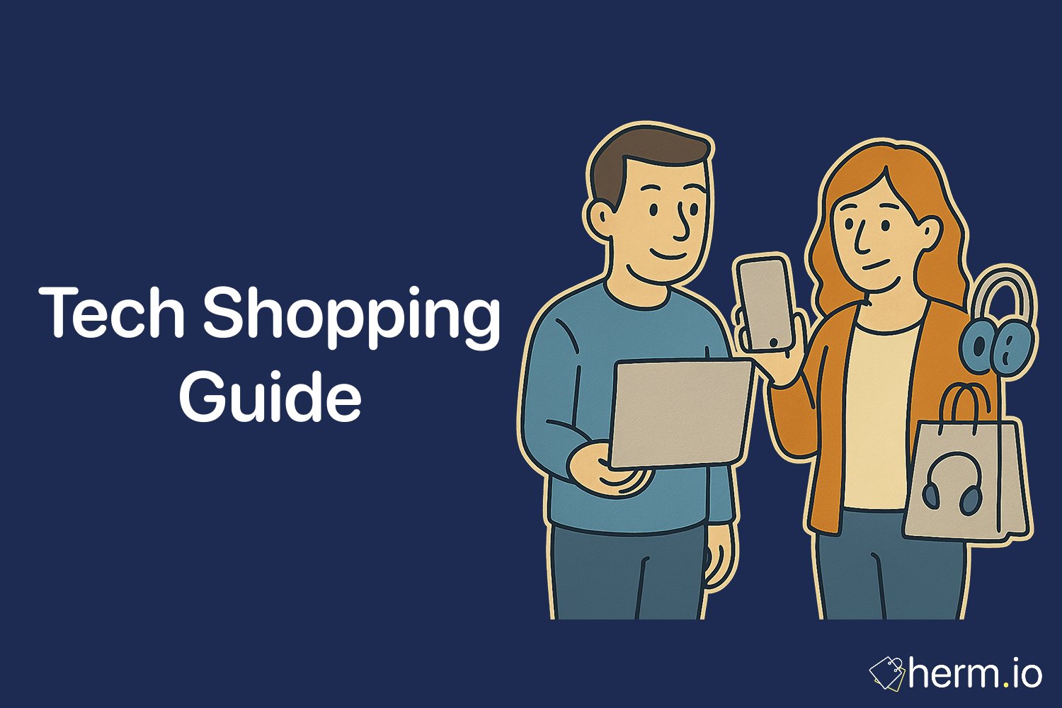 Illustration of a man using a laptop and a woman showing a smartphone alongside headphones and shopping bags, representing a tech shopping guide for finding top gadget deals.