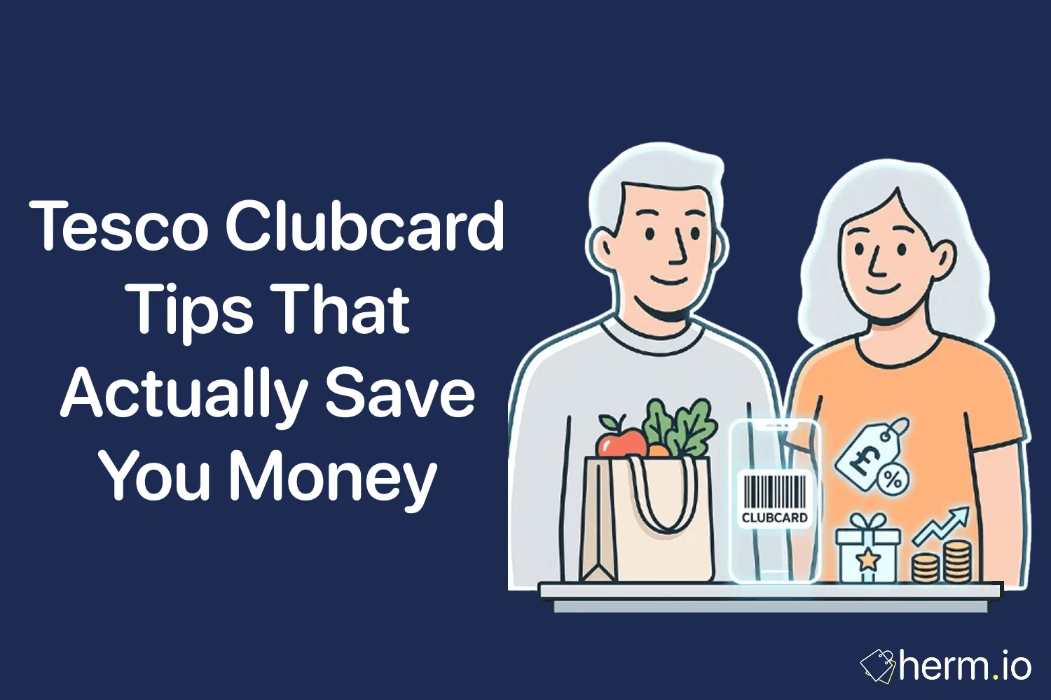 Tesco shopper checking Clubcard points, vouchers and Clubcard Prices on a phone beside a weekly grocery basket.