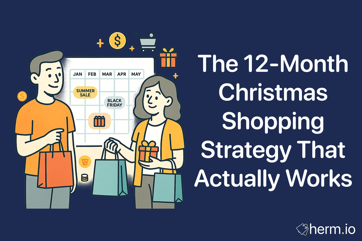 Couple holding shopping bags and gifts in front of yearly sale calendar with icons for Black Friday and holiday discounts, showing Christmas savings plan.