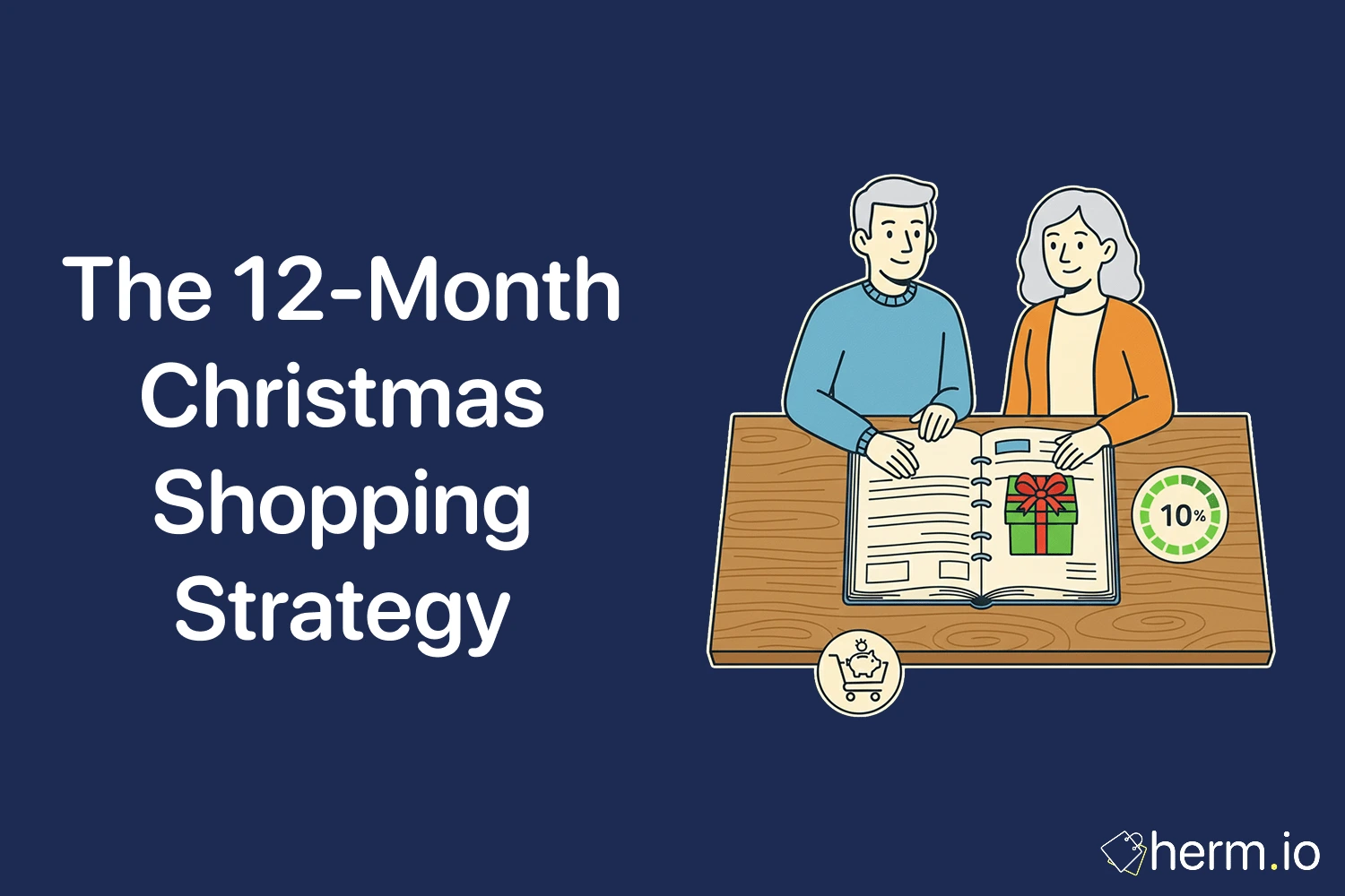 Christmas shopping strategy planner on a table with a gift icon and discount badge, as a couple reviews a yearly shopping plan.