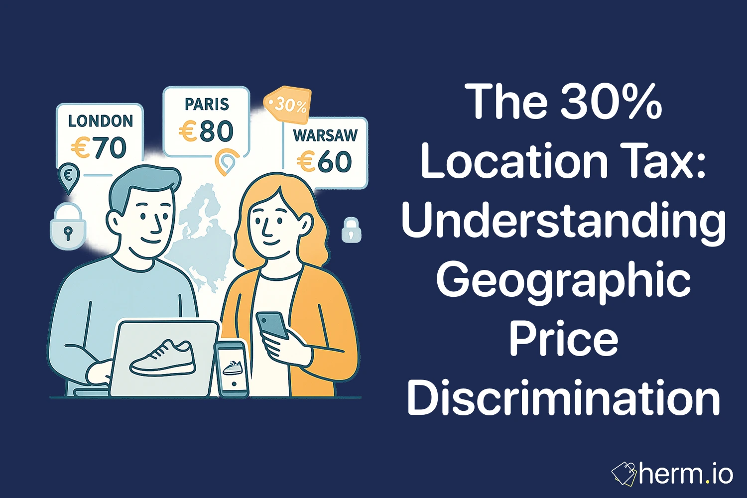Two shoppers comparing prices across London, Paris, and Warsaw on a Europe map: understanding geographic price discrimination online.