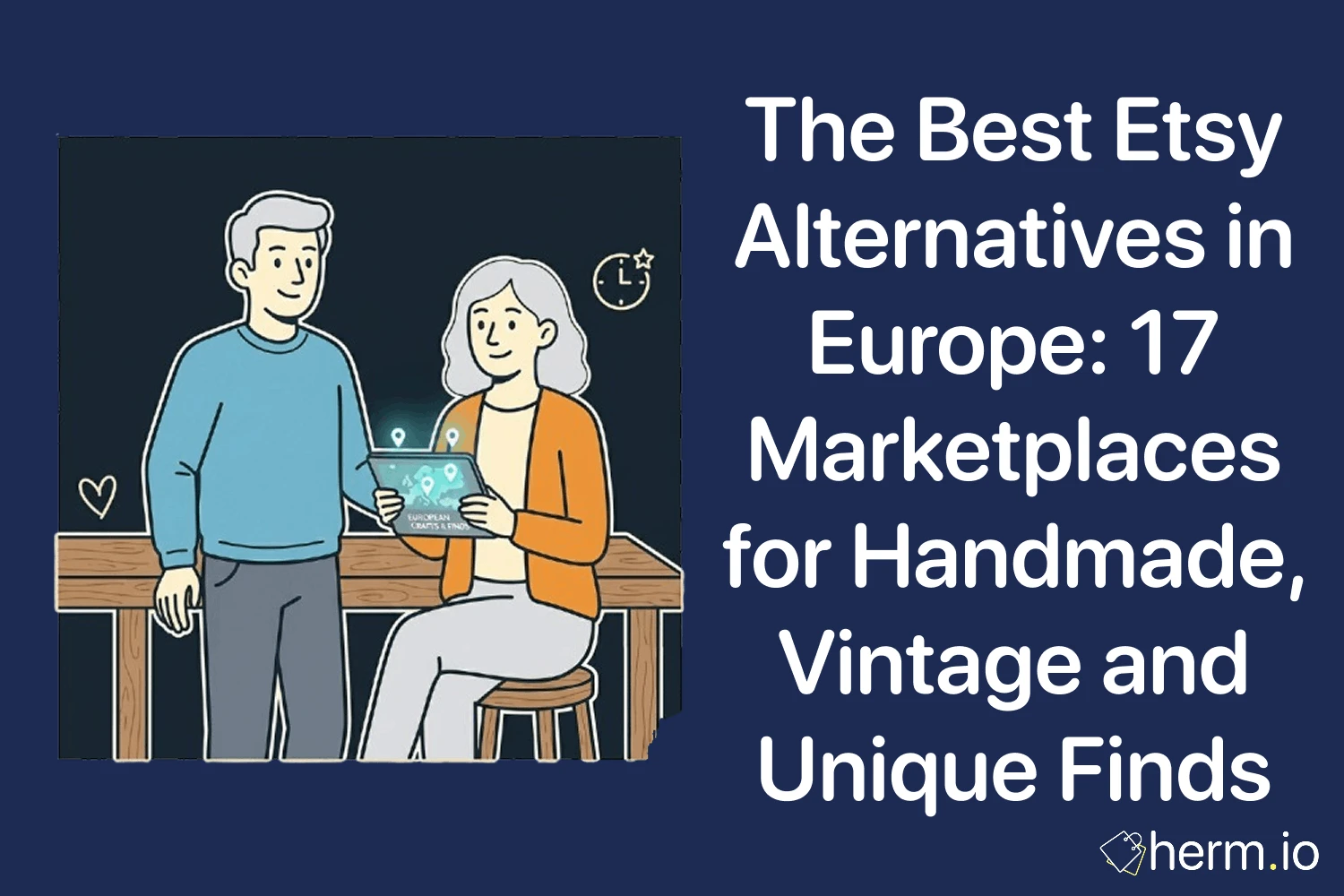 Illustration of shoppers browsing a handmade marketplace, cover for a list of the best Etsy alternatives in Europe for handmade, vintage and unique finds.