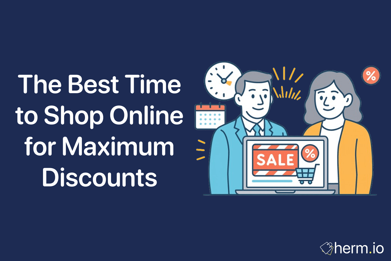 Cartoon couple at a laptop showing SALE, with clock and calendar icons, representing best time to shop online for discounts.