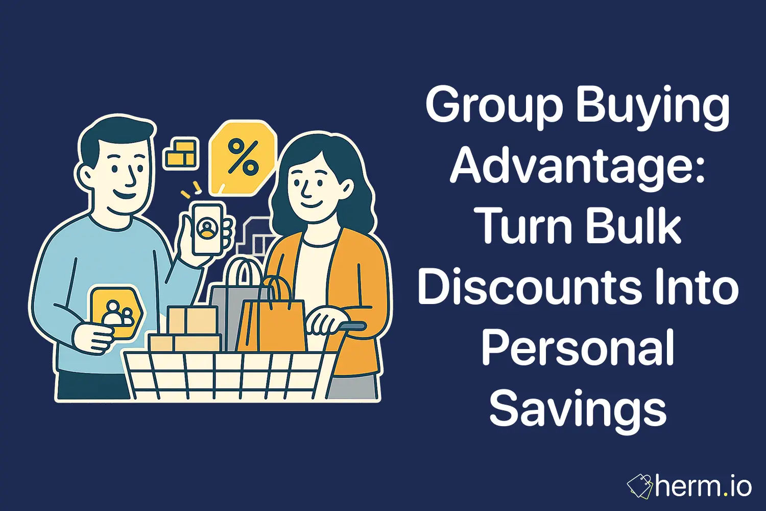 Flat design of shoppers with a cart and smartphone, highlighting group buying strategies to unlock bulk discounts and save money online.