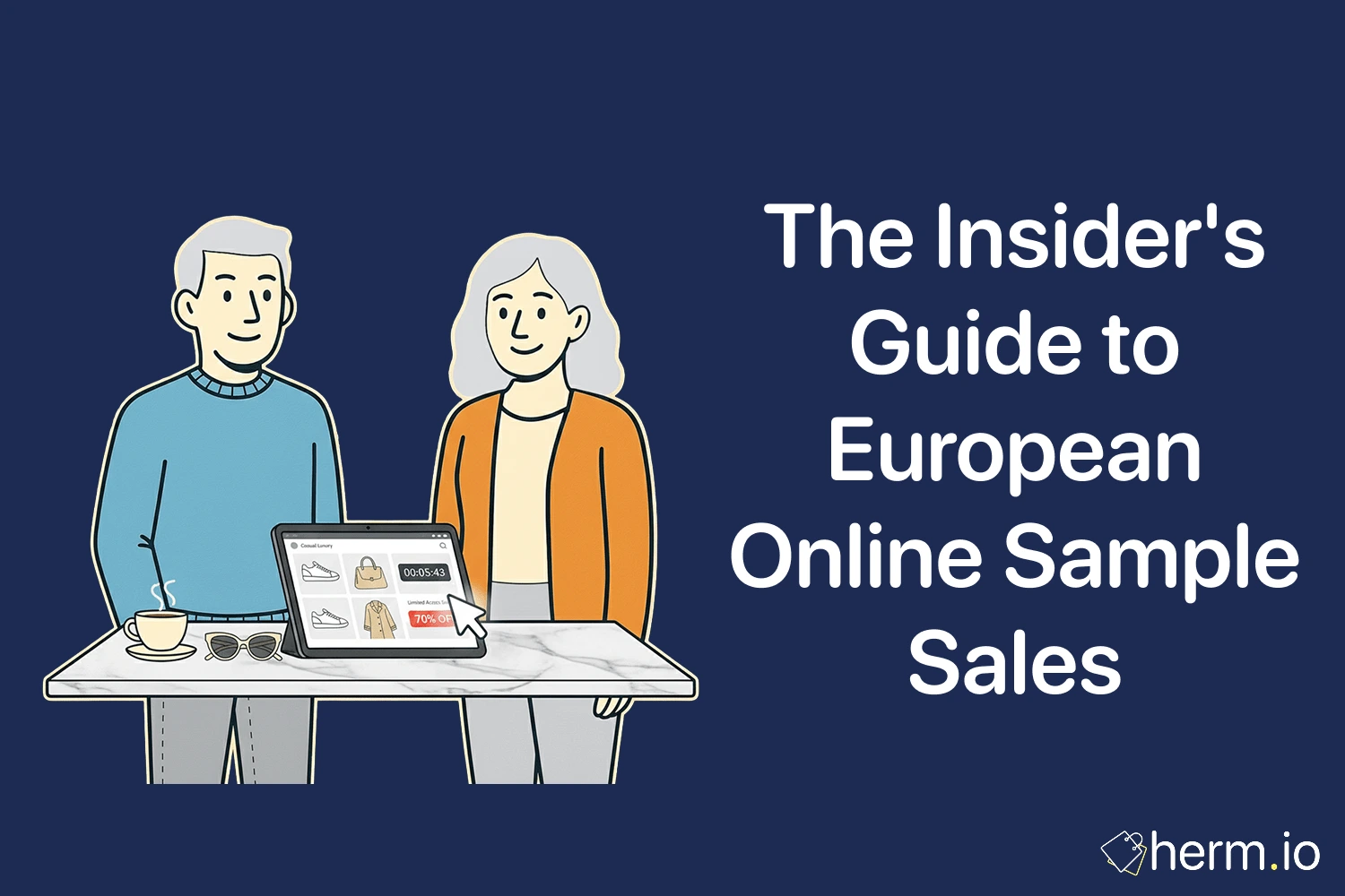 European online sample sale scene with shoppers browsing deals on a laptop, countdown timer, and large discount tag on screen.