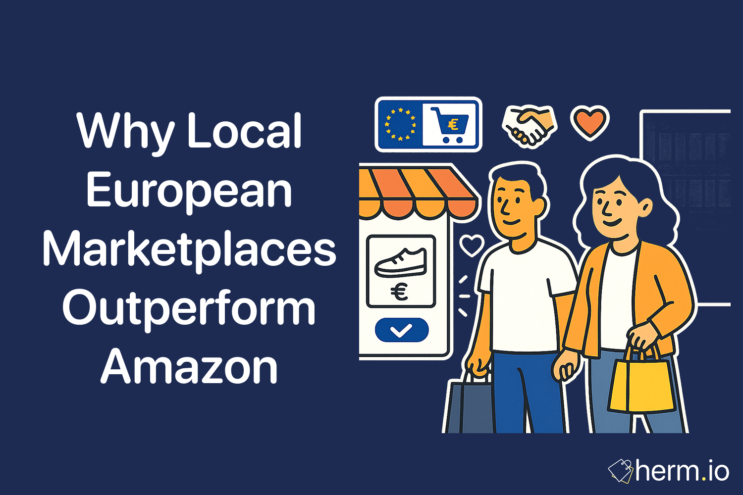 Illustration of two shoppers carrying bags beside a local online marketplace icon, representing why European marketplaces outperform Amazon.