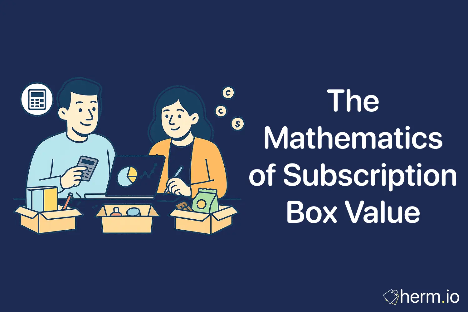 Illustration of two people calculating subscription box value with charts, boxes, and a laptop, representing ways to maximize subscription benefits.