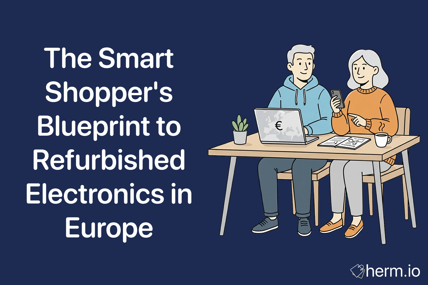 Flat illustration of two shoppers researching refurbished electronics in Europe on a laptop and phone at a table.