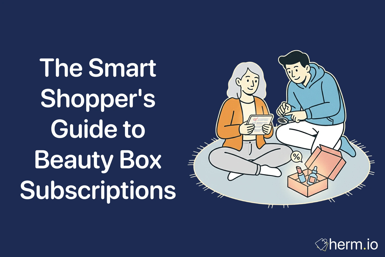 Beauty box subscription guide illustration with a couple checking a product list and opening a beauty box with skincare items.