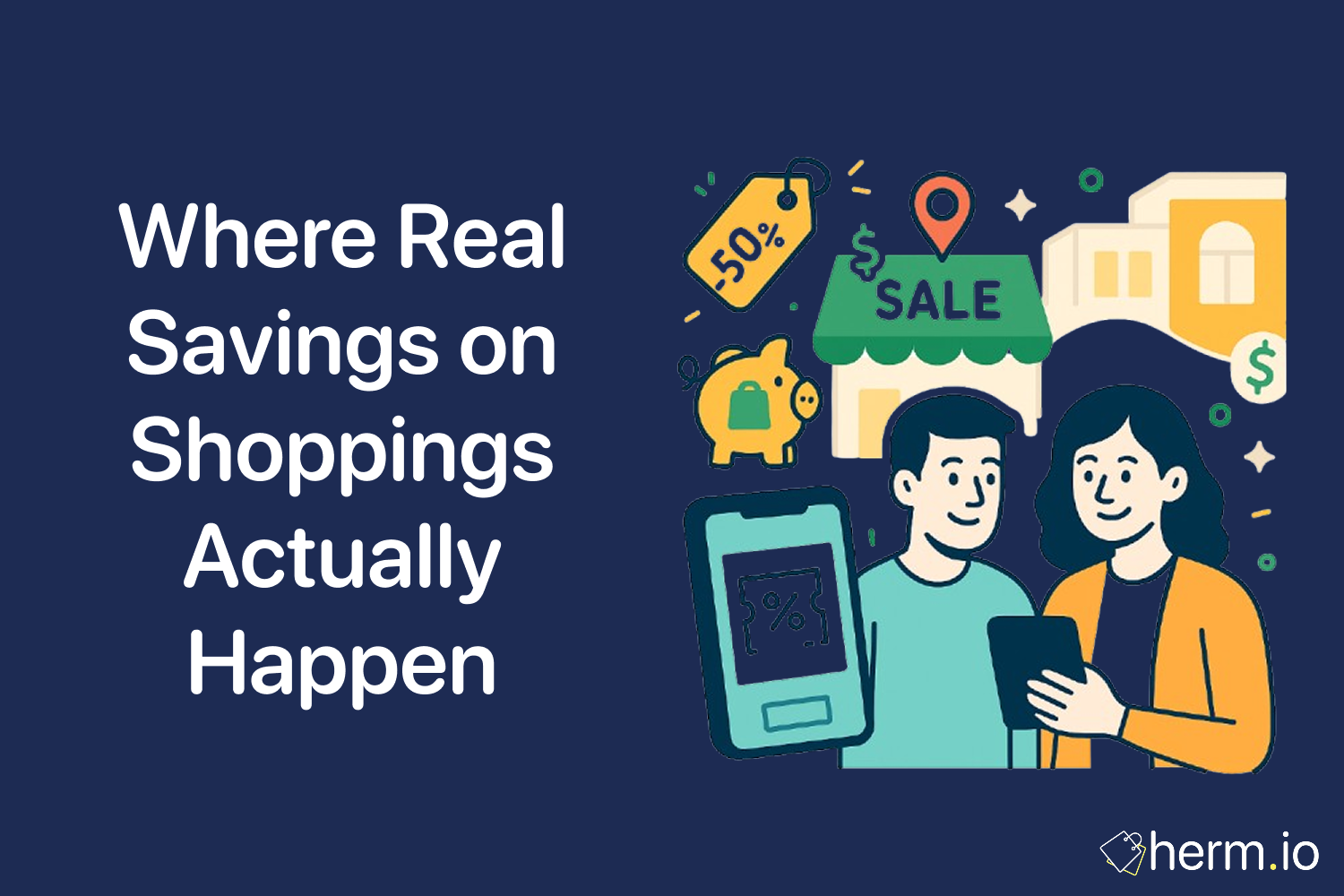 Promotional graphic titled ‘Where Real Savings on Shoppings Actually Happen,’ showing a man and woman looking at a tablet beside icons of a storefront with a “Sale” awning, a 50% price tag, and a piggy bank.