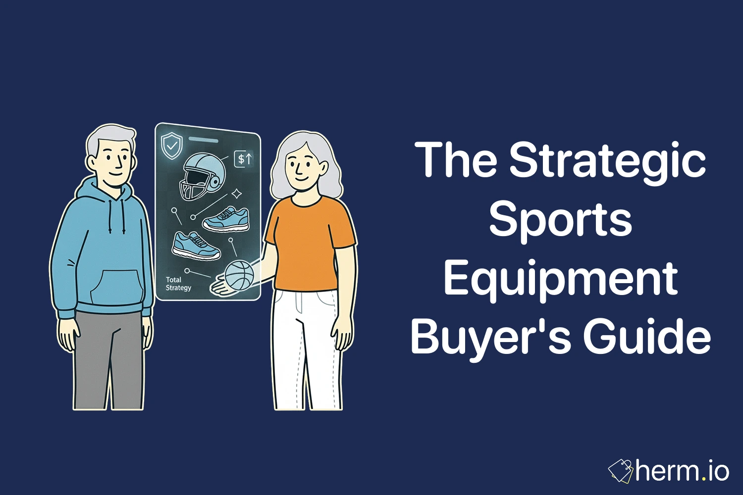 Flat illustration of two shoppers comparing sports equipment with a strategy checklist showing shoes, a ball and safety icons.