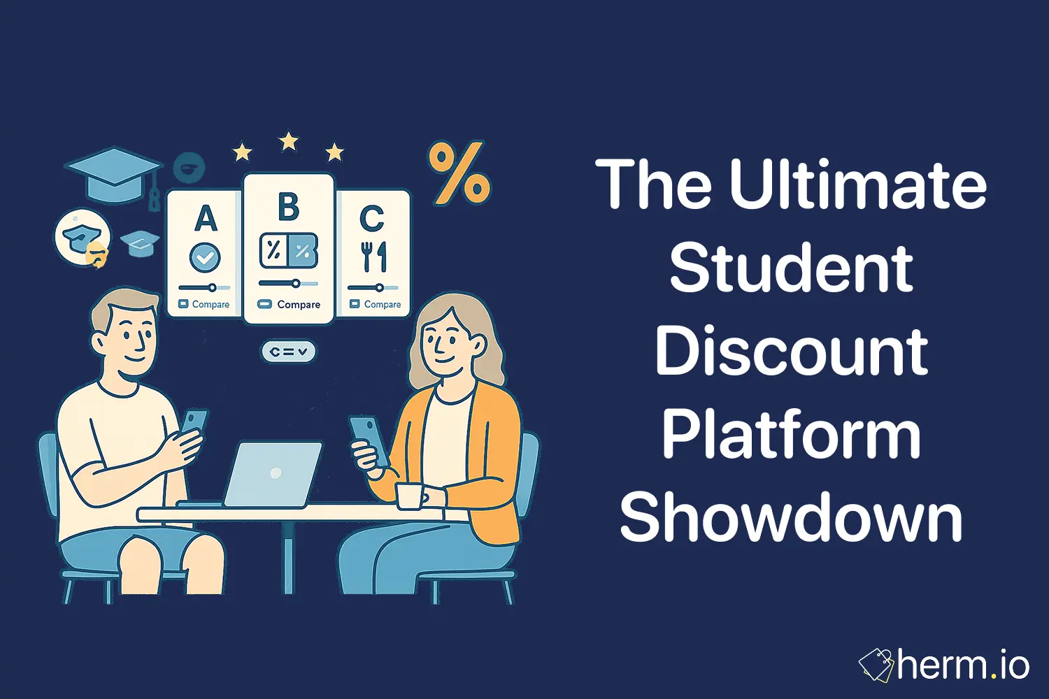 Students on phone and laptop comparing European student discount platforms with A/B/C cards, percentage and graduation cap icons, rating stars and compare sliders.