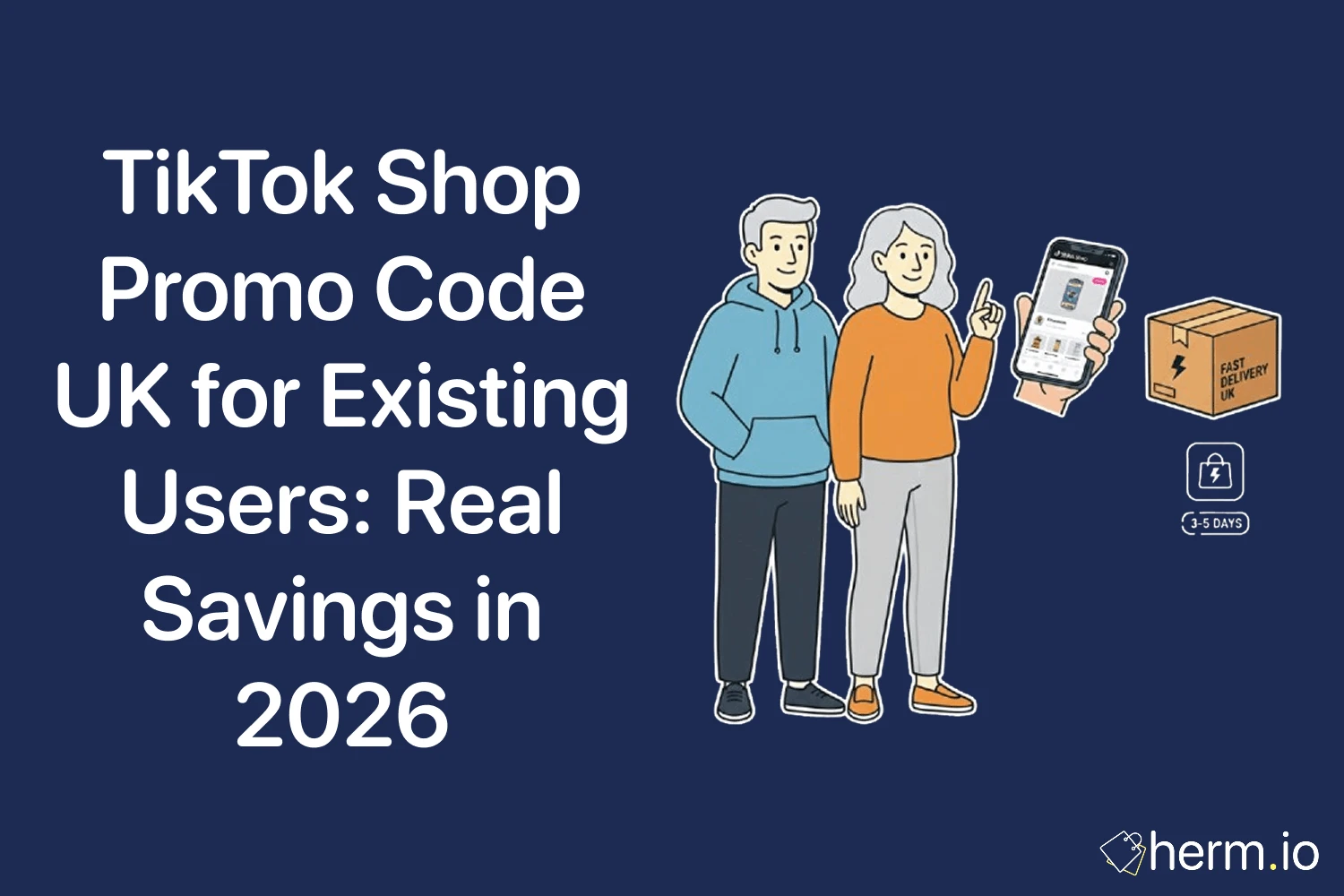 TikTok Shop promo code UK for existing users cover image showing shoppers, a phone, and fast delivery icons, highlighting real savings in 2026.