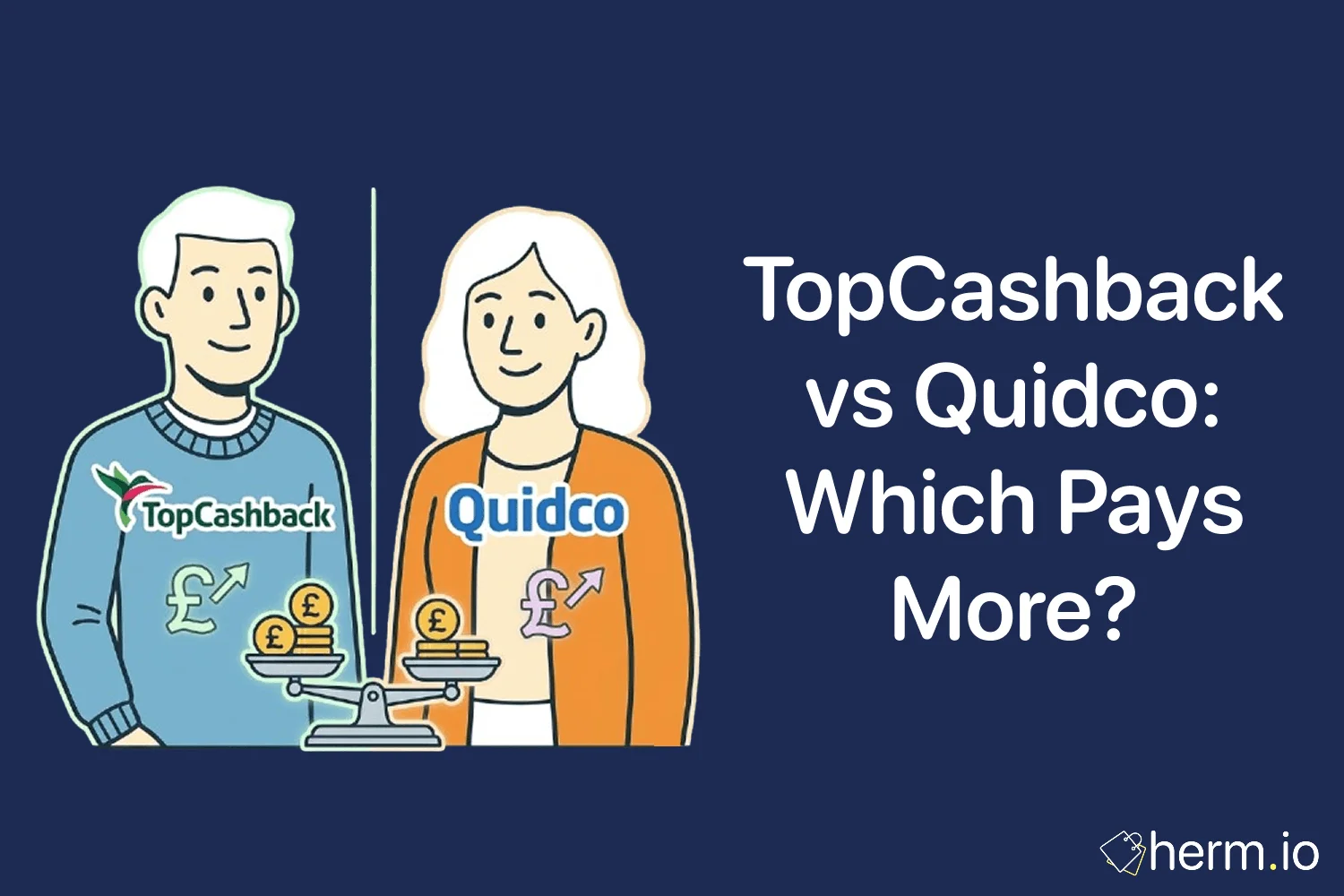 Laptop and phone comparing TopCashback and Quidco cashback rates for UK online shopping, with payout options and savings notes nearby.