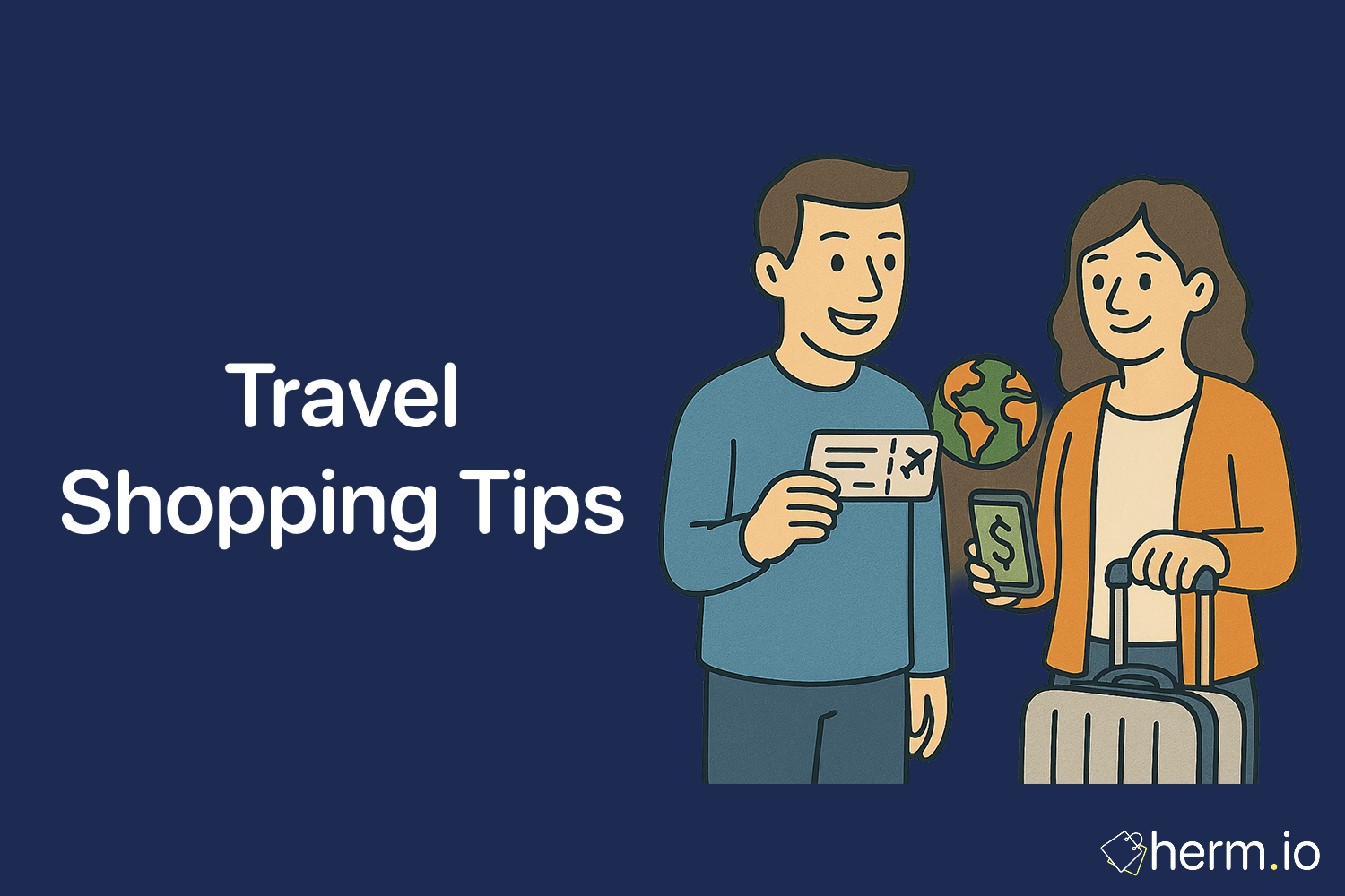 Illustration of a man holding a flight ticket and a woman with a rolling suitcase and smartphone displaying a dollar sign beside a globe, conveying travel shopping tips for scoring deals abroad.