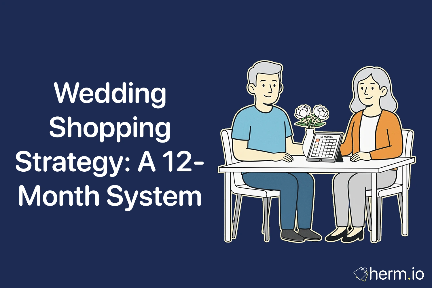 Flat illustration of a couple planning a 12-month wedding shopping strategy with a calendar tablet and flowers.