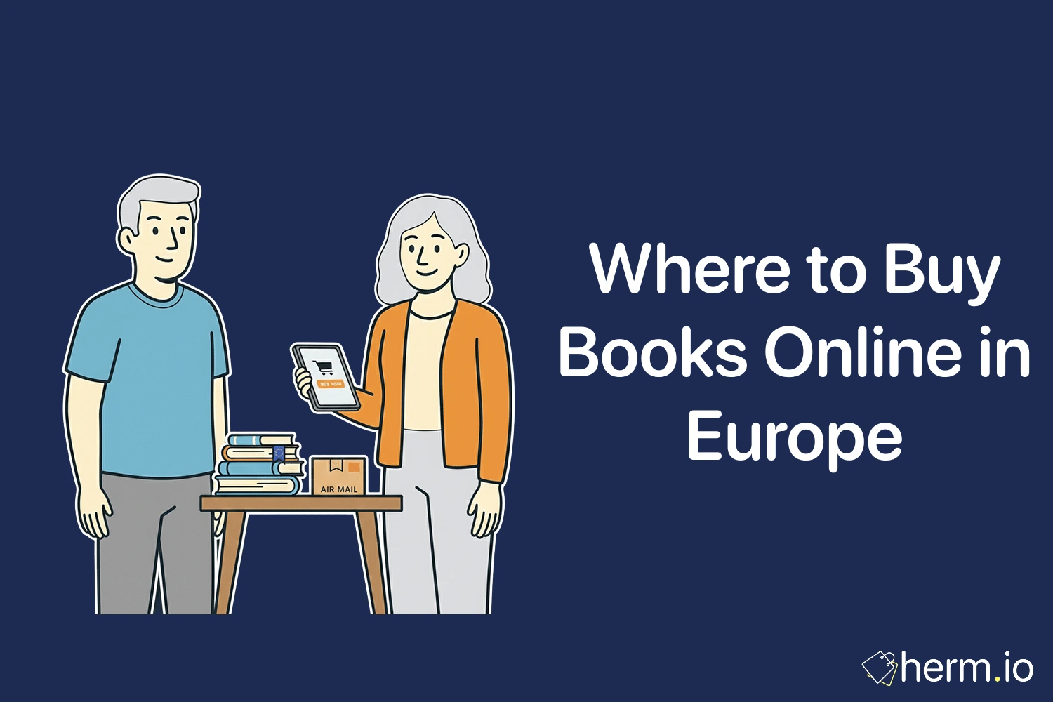 Buying books online in Europe illustration with stacked books, an airmail parcel, and a shopper using a phone to order.